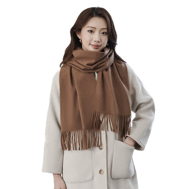 Womens Solid Color Wool Scarf With Fringe Winter Warm Shawl Mens Lightweight Cashmere-Blend Wrap Korean Style