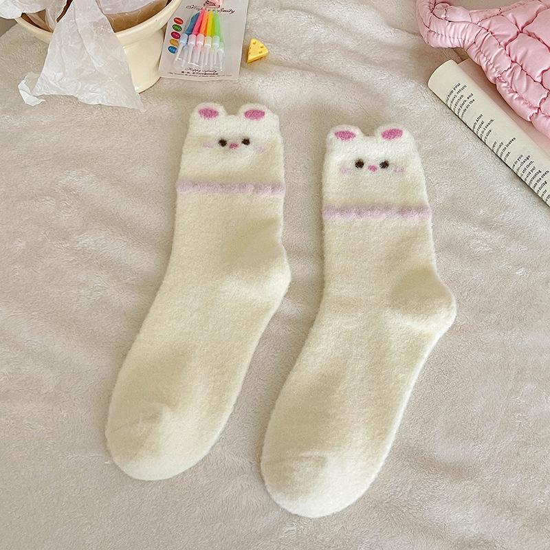 Australian Velvet Socks Pink Purple Cat Cute Animal Cartoon Embroidered Socks Warm Confinement Socks Floor Socks