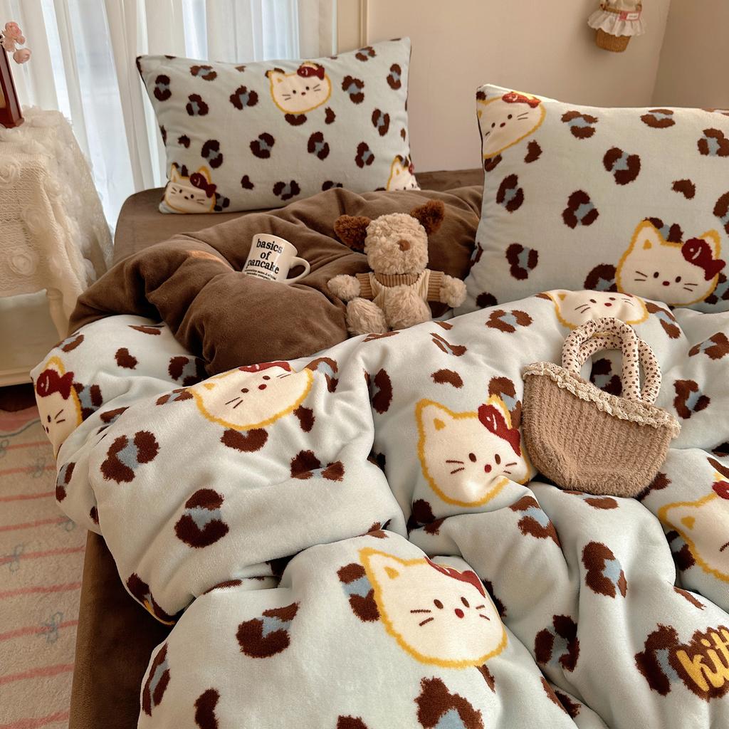 Cartoon Cute Double-Sided Fleece Thickened Milk Fleece Four-Piece Set, Student Dormitory Three-Piece Set, Bedding