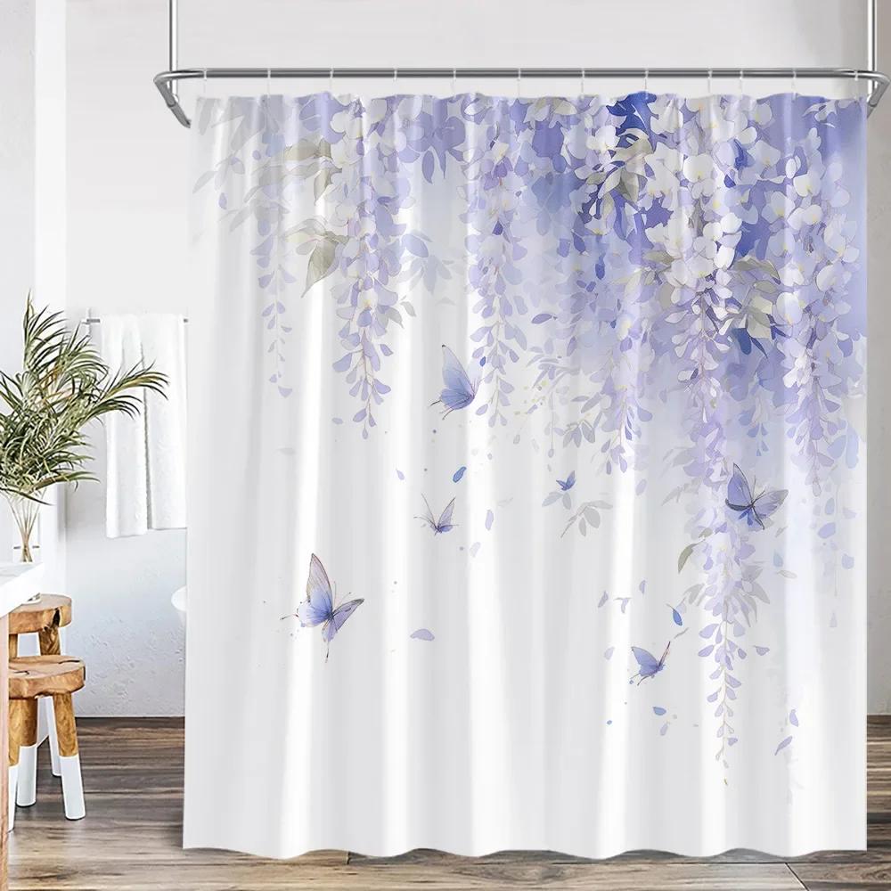 Vintage Floral Shower Curtain Plant Butterfly Floral Bathroom Curtain Decorative Polyester Bathtub Curtain With Hook