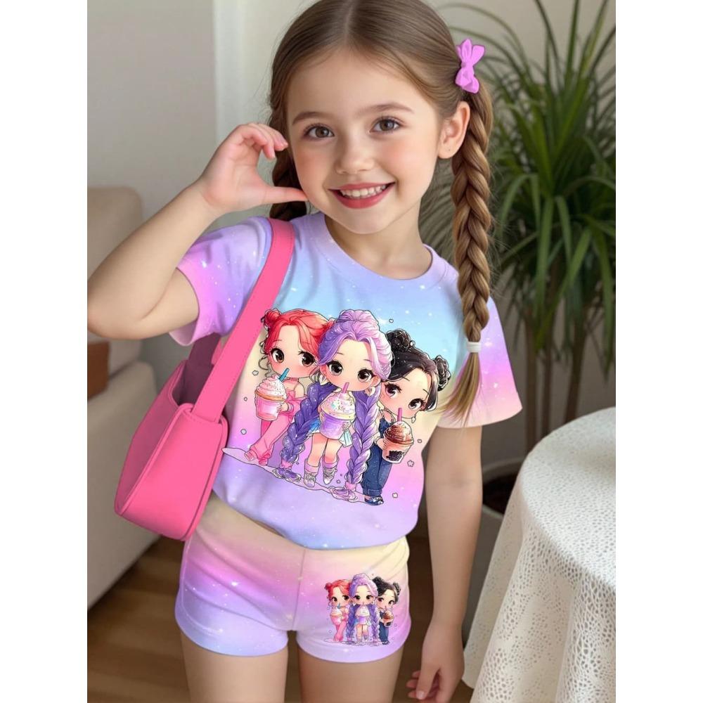 K-Pop-Cartoon-Grafik-T-Shirt- und Hosen-Set für Mädchen, Sommerkleidung für Mädchen, süßes Kurzarm-Set, Kinder-T-Shirt- und Shorts-Set