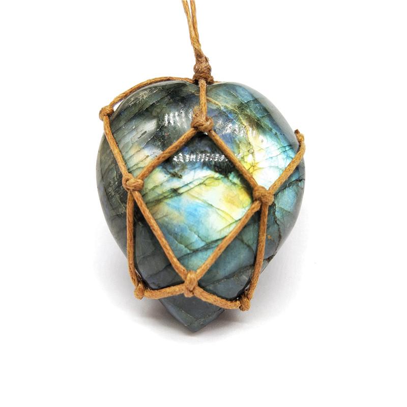 Labradorite Pendant Necklace Heart-Shaped Moonstone Pendant Vintage Hand-knitted Jewelry