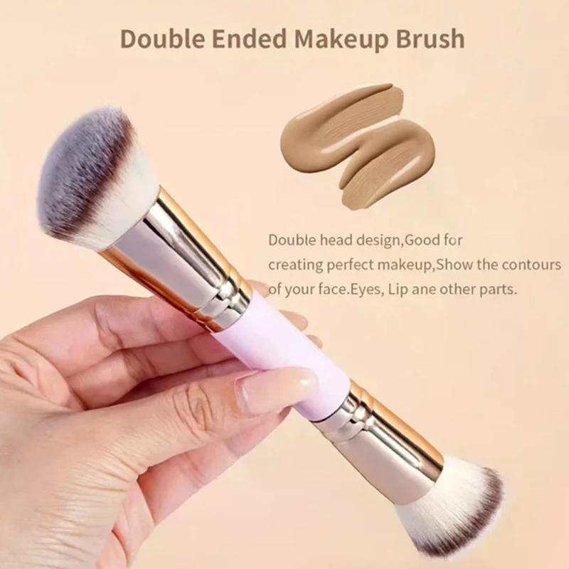 2 In 1 Professional Double Ended Makeup Brush Large Round Head And Handle For Foundation Concealer Setting Travel Make Up Tool