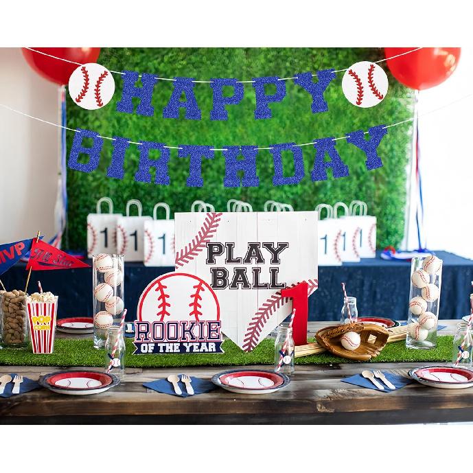 Set of 2 Pre-Strung Baseball Happy Birthday Banner - Blue Glitter Baseball Themed Birthday Party Decorations Supplies for Boys or Girls, Photo Booth