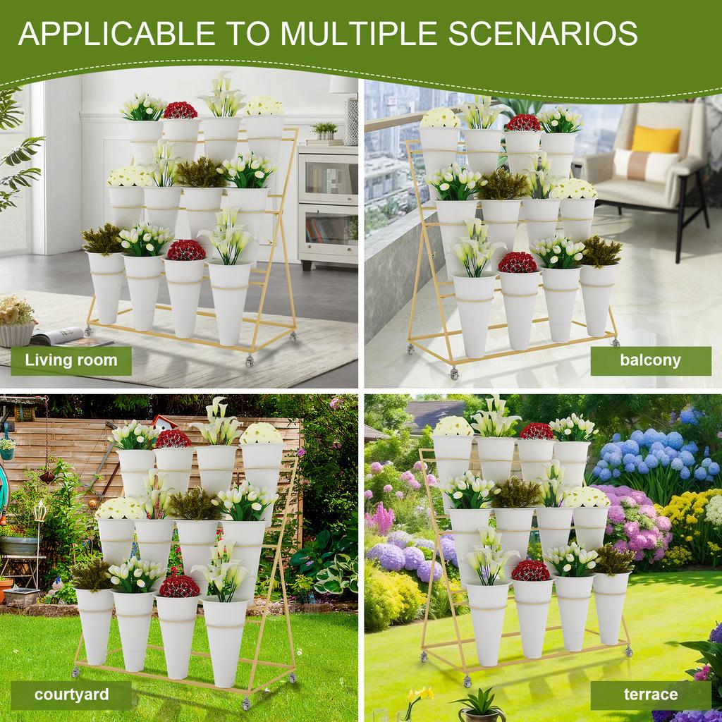 Flower Display Stand 3 Layers Metal Plant Stand with Wheels and Foot Brake 12pcs Tapered Plastic White Flower Pots