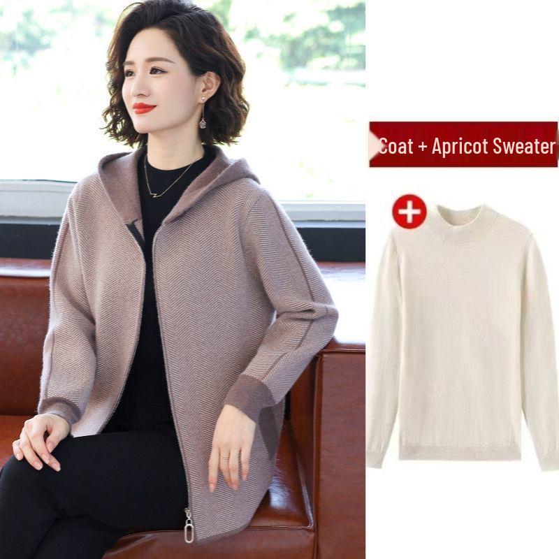 Módní pletený kardigan s kapucí 2025 pro středněvěké a starší ženy - Podzim/Zima