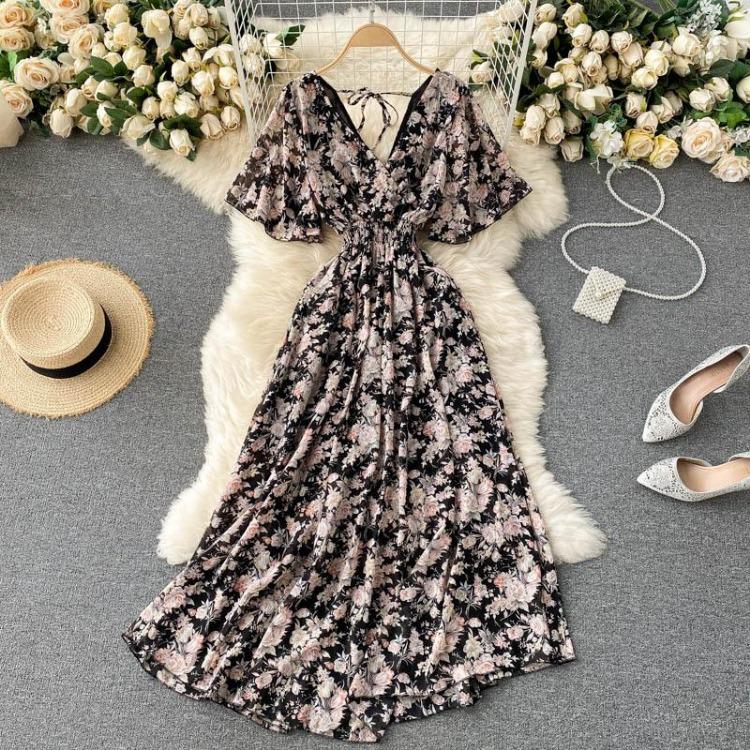 Women Floral Summer Short Sleeve V Neck A Line High Waist Ruched Long Dress