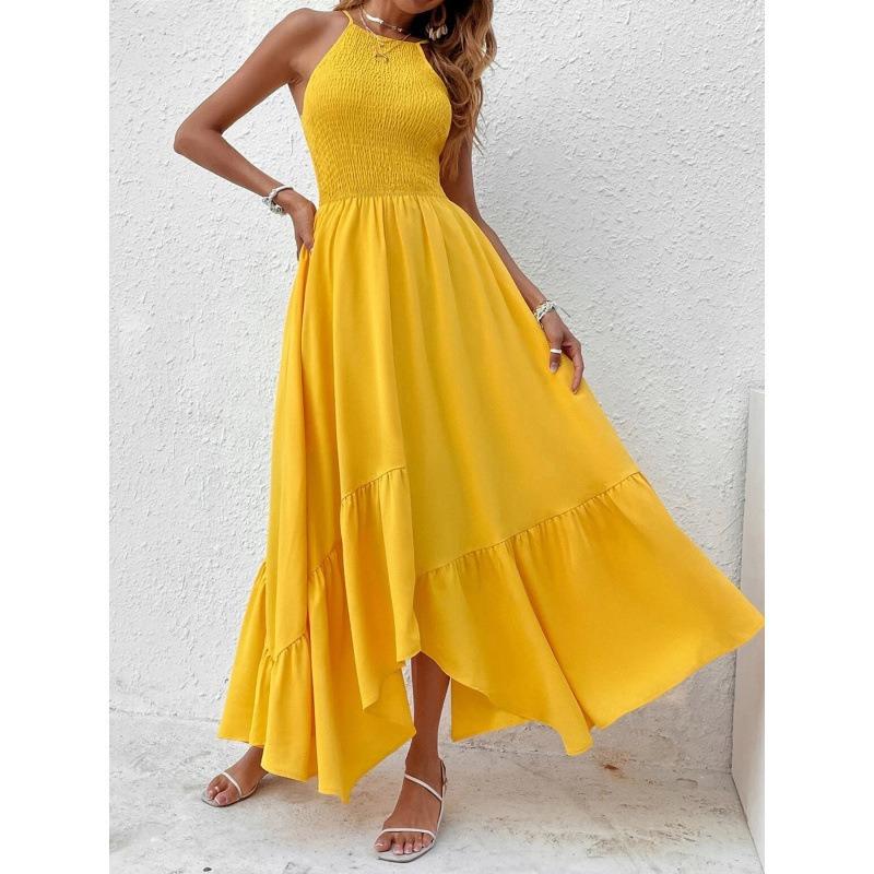 Damen Smocked Neckholder Maxikleid Ärmellos A-Linie Lässig Sommer Sonnentuchkleid