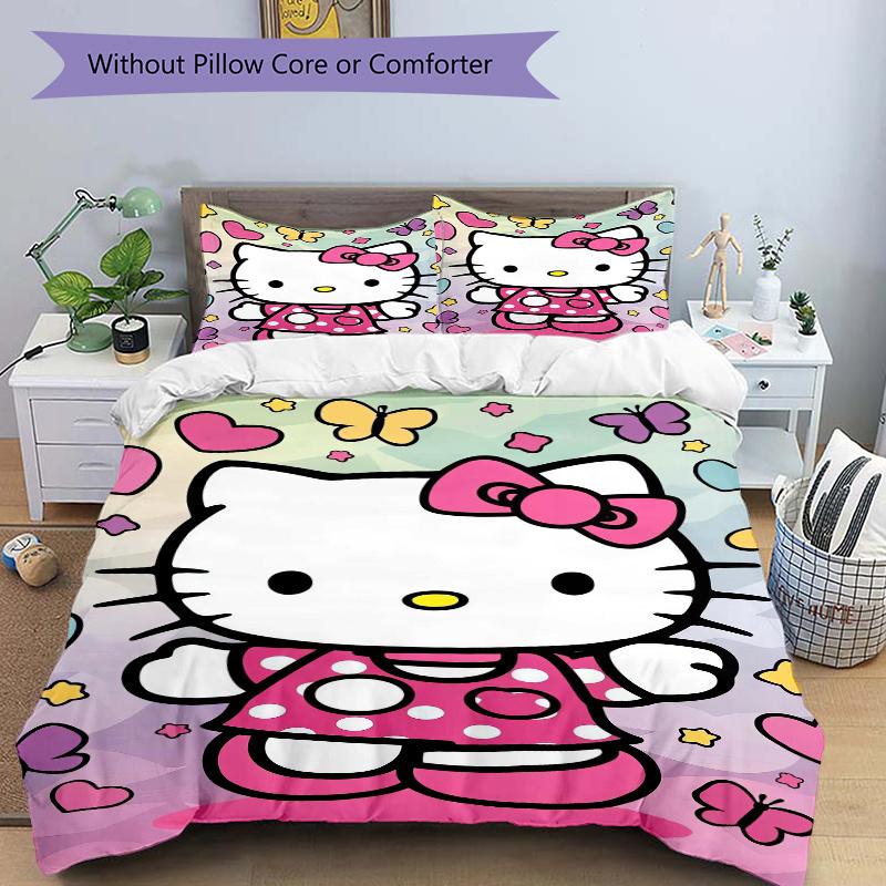 3pcs Hello Kitty & Butterfly Bedding Set, Including 1 Quilt Cover and 2 Pillow Shams, Without Filling, Soft and Comfortable Home Bedroom W033