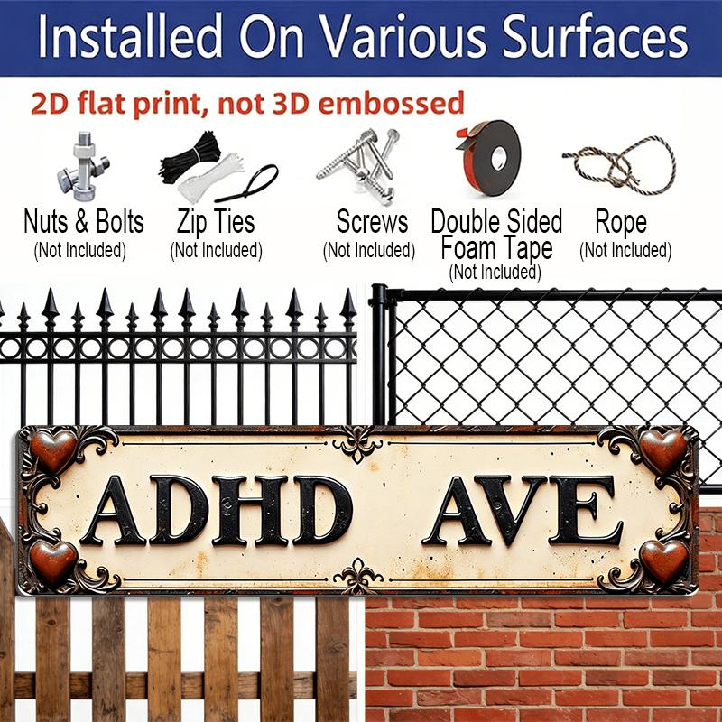 2D Flat, 1pc Retro Aluminum Wall Art Logo-ADHD Ave" Humorous Decoration Brand, Suitable for Home, Office, Men's Nest, Kitchen, Farmhouse, Bathroom