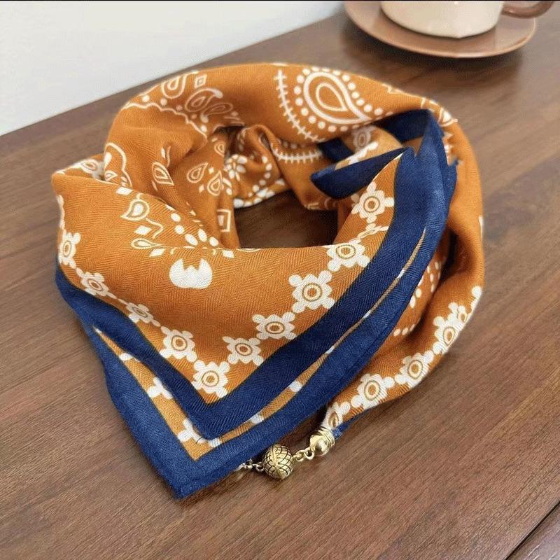 Autumn/Winter Silk Cotton Scarf with Magnetic Buckle - Versatile, High-end Neck Warmer