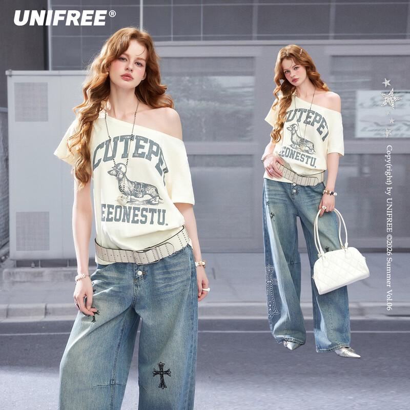 UNIFREE American Retro Dachshund Dog Letter Print Asymmetrical Shoulder T-shirt M