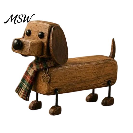 Retro Dog Statue Plaid Scarf Dachshund Figurine, with Paw Puppy Collectible Toy Print Charm, Handcrafted Mini Desktop Decoration