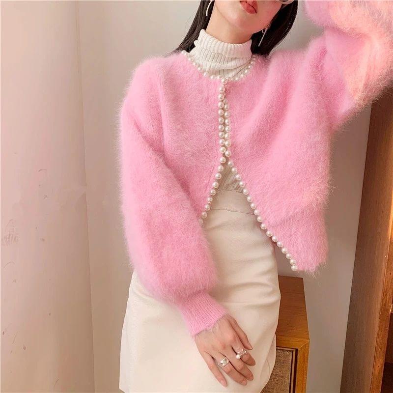 Herbst Winter Mode Damen Perlenstrick Laternenärmel Nerzfleece Pullover Cardigan Jacke Damen Oberbekleidung