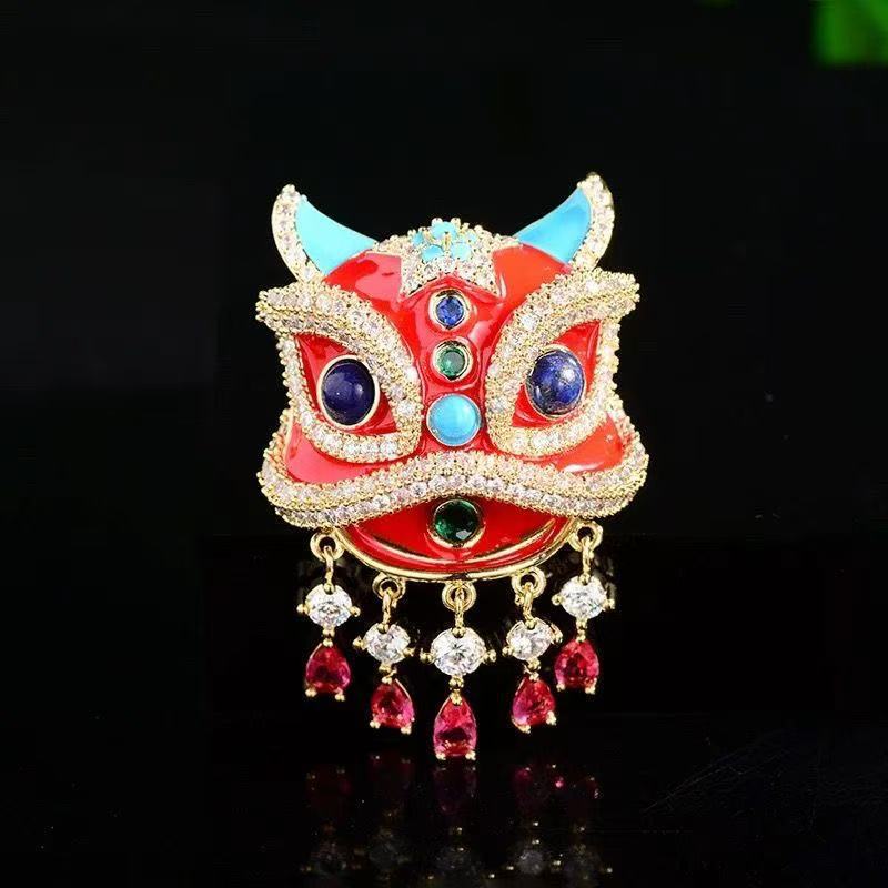 Vibrant Dancing Lion Red Enamel Brooch Pin Chinese Traditional Folk Art Design Accessory Badge for Festivals & Celebrations