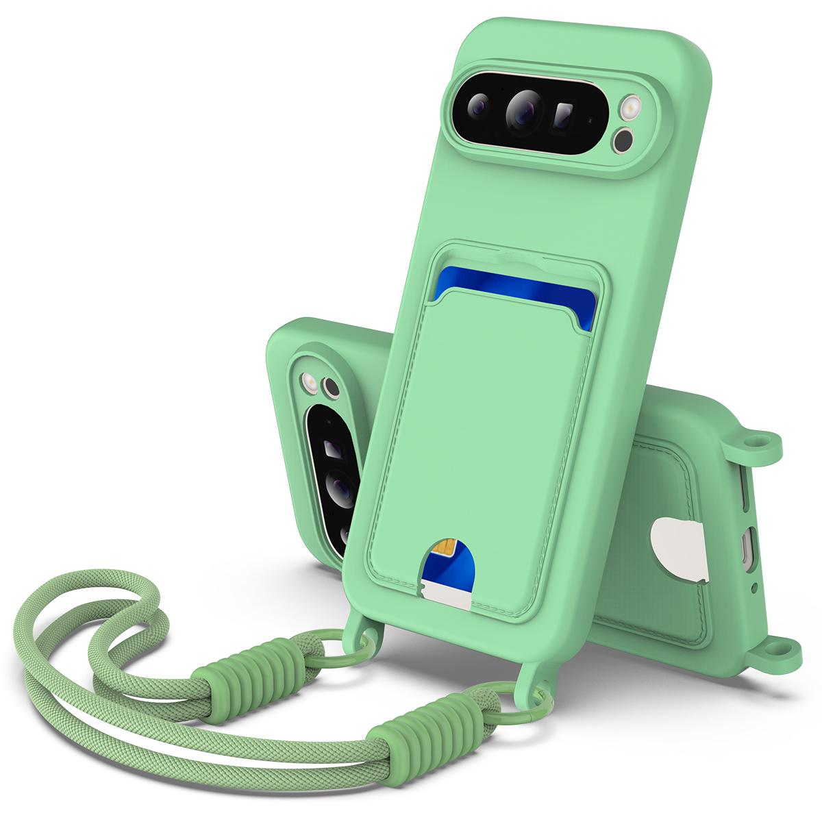 

For Google Pixel 9 Pro XL Liquid Silicone Case Phone Back Cover with Card Holder and Short Strap Green