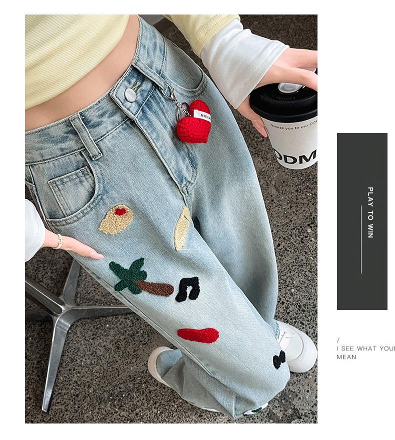 Spring 2025 Women's Embroidered High-Waist Wide-Leg Jeans - Light Color, Slimming Design