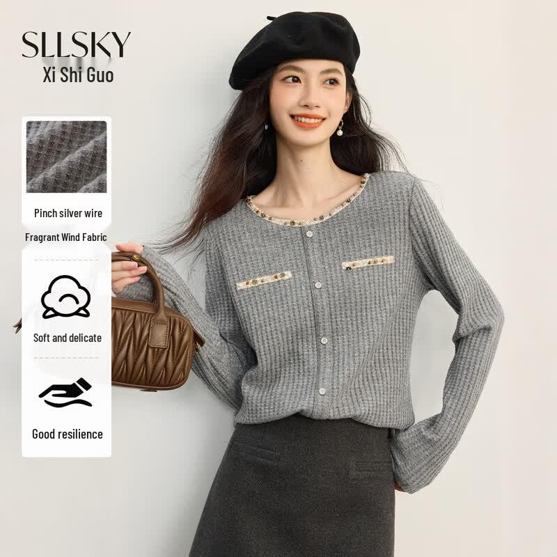 SLLSKY Silver Thread Textured Long Sleeve T-shirt S