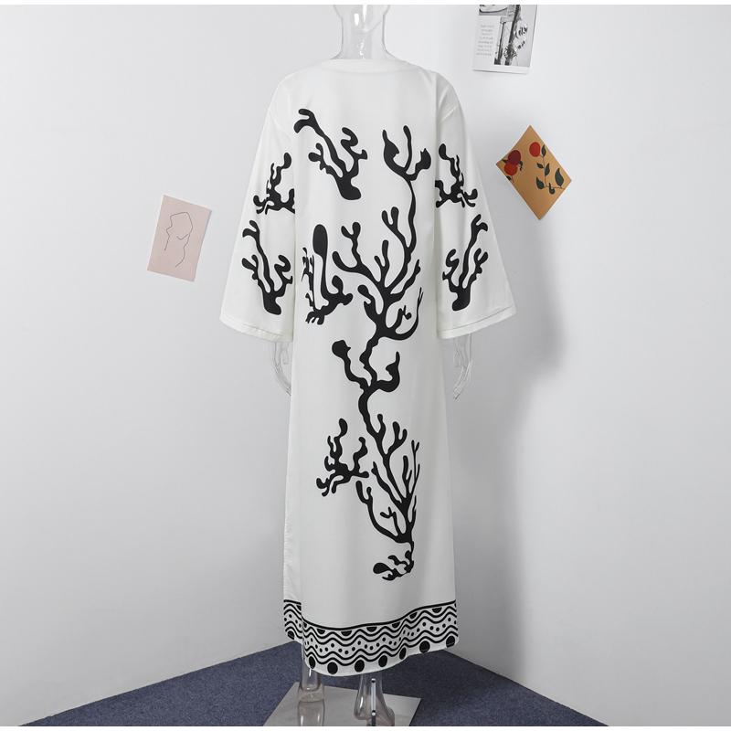 Loose Printed V Neck Women Dress Long Flare Sleeve Side Split Casual Holidays Dresses Spring Summer Elegant Beach Lady Robe