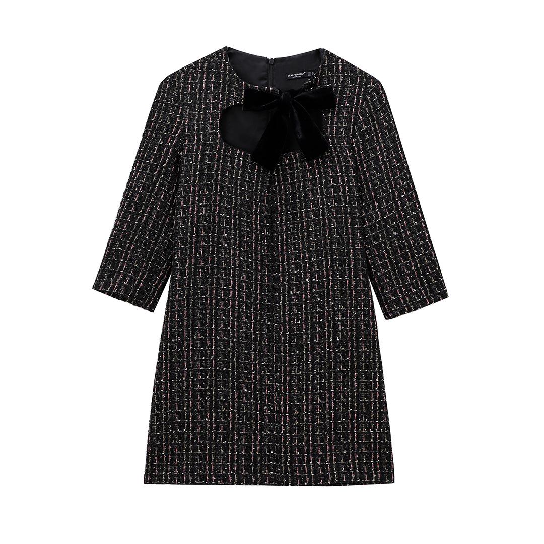 

2024 Зимнее женское бархатное платье с бантом в европейском и американском стиле Medium чёрный