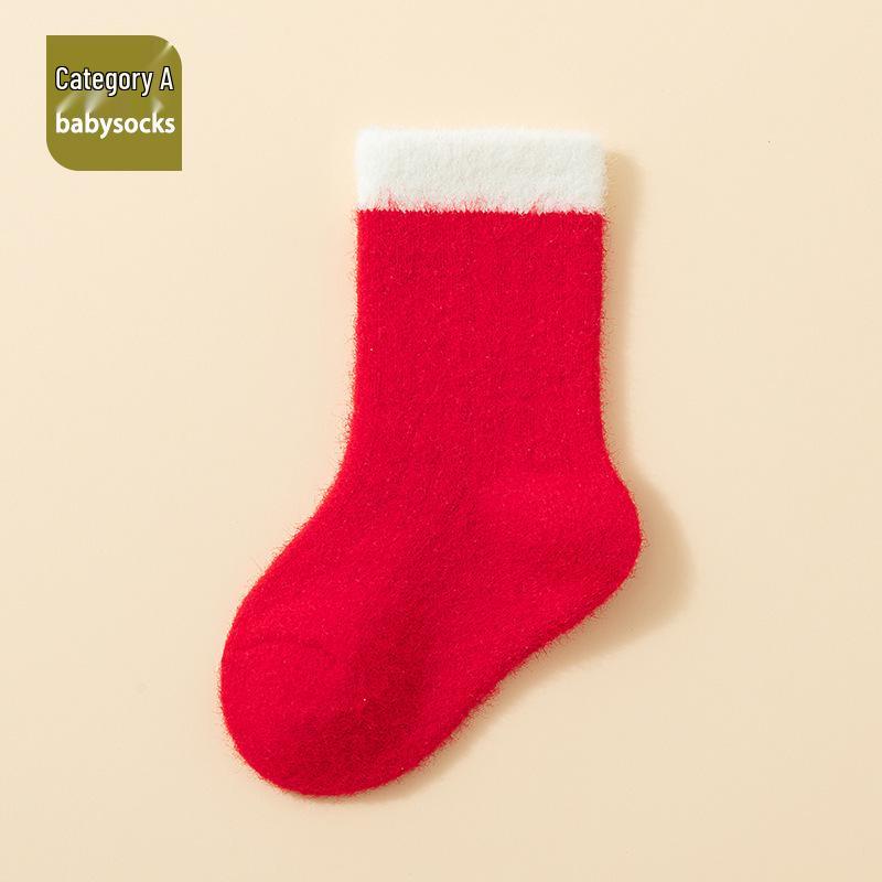 25 Plush Autumn-Winter Newborn Baby Socks, Warm Red for Full Moon & First Year