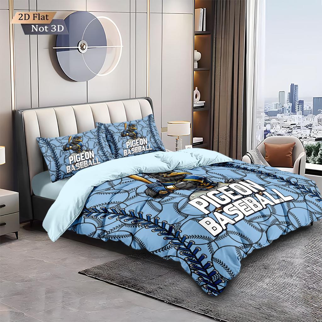 3Pcs Cartoon Pigeon Baseball Pattern Print Coreless Down Duvet Cover Set Multi Size Bedroom Bedding Decoration Machine Washable