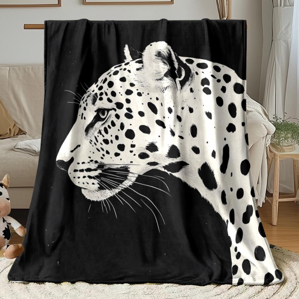 Black and white leopard portrait blanket wildlife animal art soft flannel for home decor bedroom stylish modern animal print