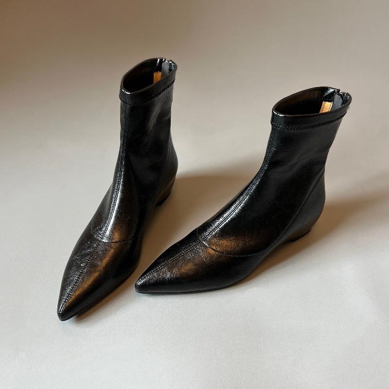 SIXWOO commuter inner height gain slim boots 4.5cm pointed soft leather elastic boots rear zipper wedge heel boots new