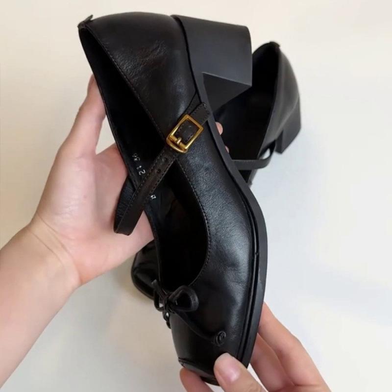 French retro style square head light mouth word with bow thick heel single shoes commuter versatile high heels new