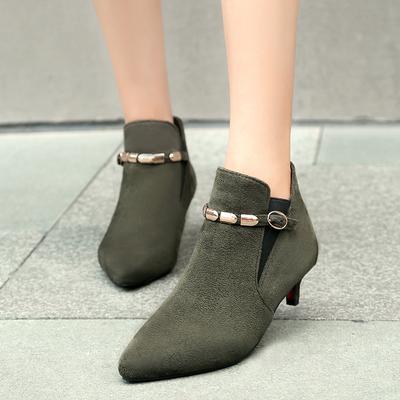Niedriger Absatz Stiefeletten Schuhe Frau Mode Spitzschuh Flock Kurzer Stiefel Damen Schnalle Schuhwerk Grau Rot Grün Große Größe 46 48