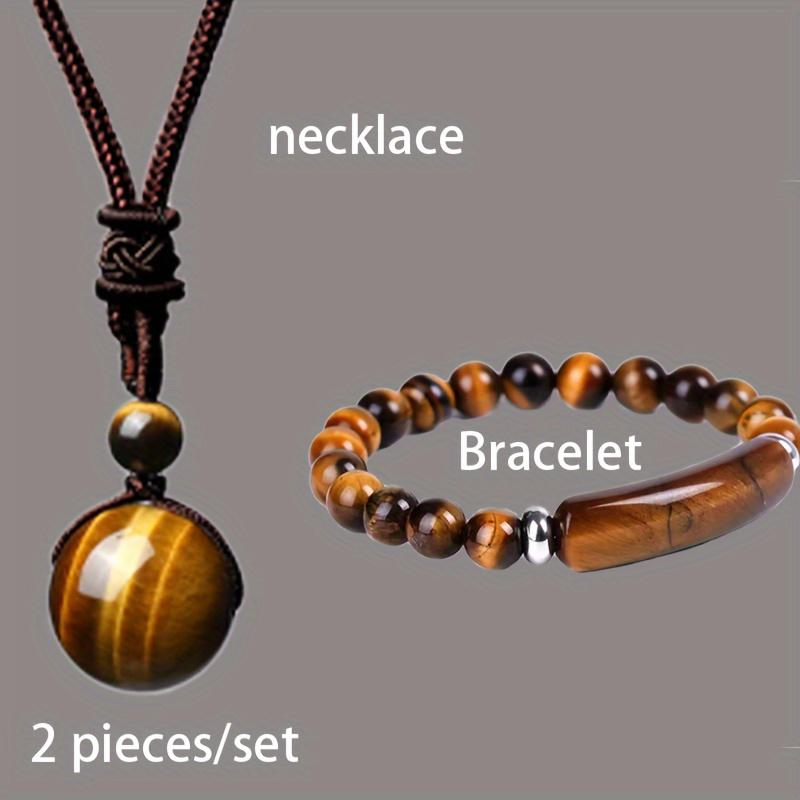 Two piece adjustable braided rope natural stone pendant necklace+natural stone bracelet, Christmas and Halloween gifts 2