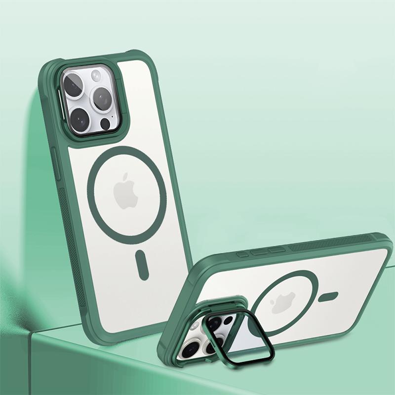 Magsafe Matte Soft TPU Border+Transparent PC Back Cover Holder Shockproof Phone Case For IPhone 15 Pro Max 13 12 11 14 Pro Max