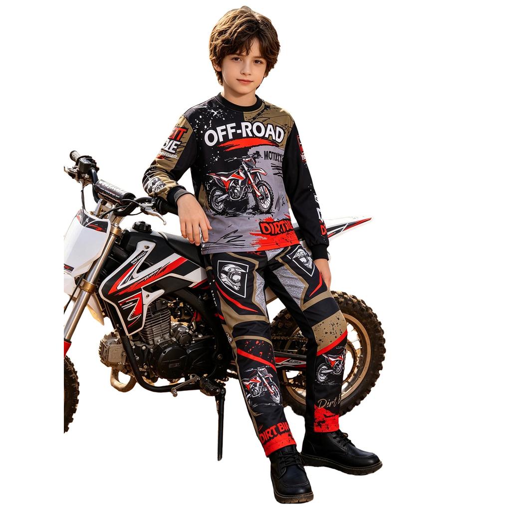 Kinder Jungen Bedruckter Motocross Anzug Off-Road Motorrad Rennanzug Rundhals Langarm Oberteil mit Elastischem Bund Taschen Hose