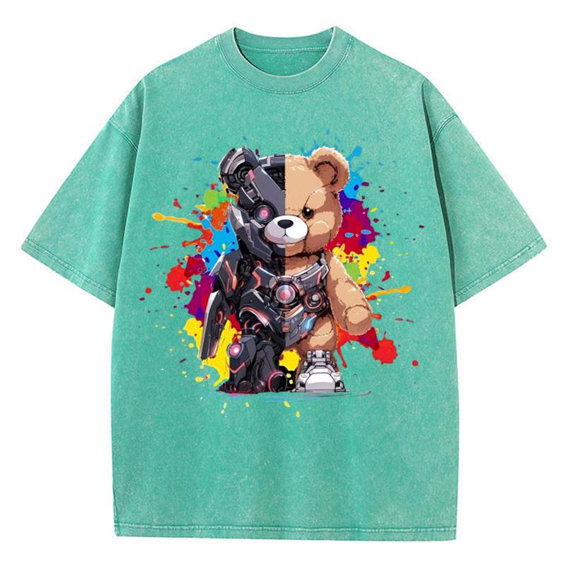 Womans Cotton Washed T-Shirts Fashion Loose O-Neck Tees Mech Warrior Bear Printing Short Sleeve Female Clothes
