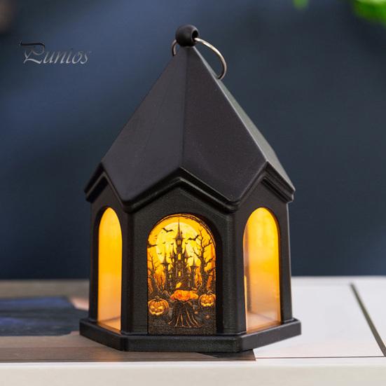 Spooky Table Centerpieces Halloween Pumpkin Lantern, Gothic House Shape LED Flickering Candle Light Plastic Decorative Lights for Party, Centerpieces,