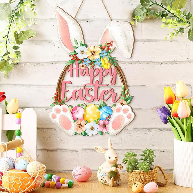 Wooden Easter Door Decor Rabbit Easter Egg Flower Element Wreath Egg Shaped Spring Home Wall Decoration Easter Gift