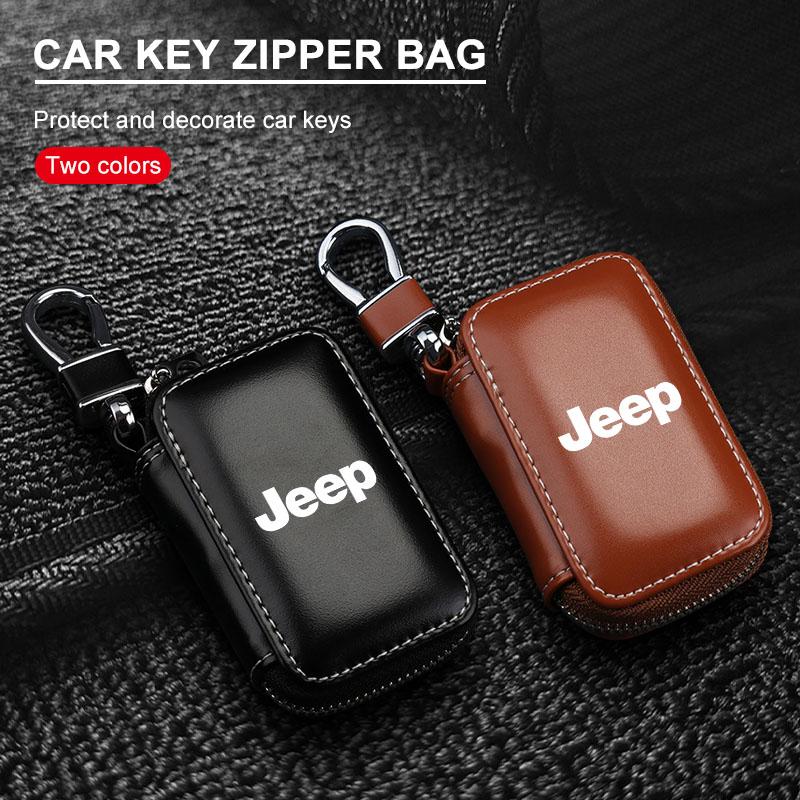 1Pcs Leather Emblem Car Key Case Keychain Zipper Key Case Bag for Jeep Grand Cherokee Xj Wk2 Wj Wrangler Jl Compass Commander Car Accessories