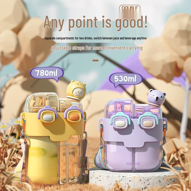 Dual-Chamber Creative Cartoon Straw Cup for Kids - Large Capacity
