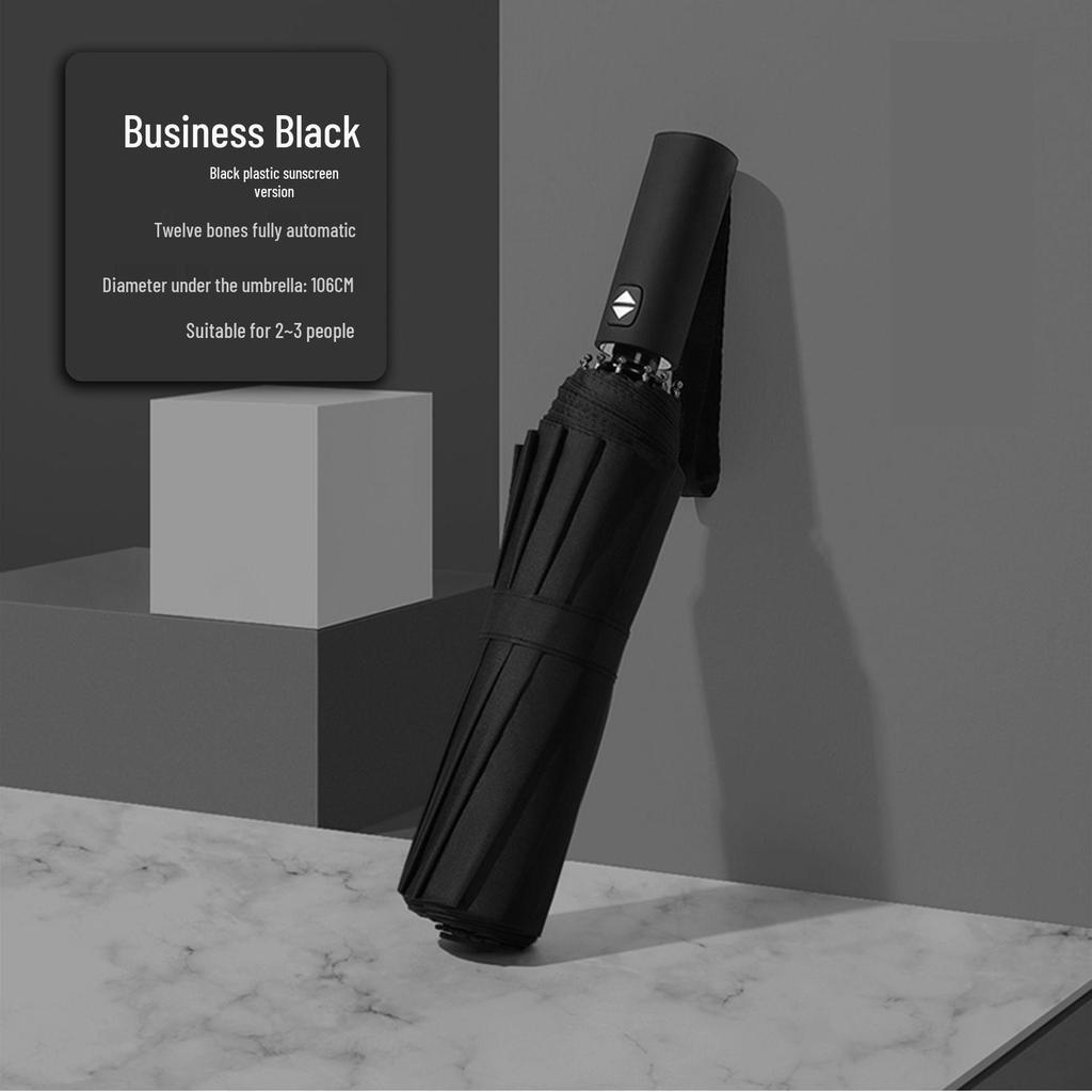 Black Logo Printed Auto Open/Close UV Protection Compact Umbrella for Men & Women - Dual-Use for Rain or Shine