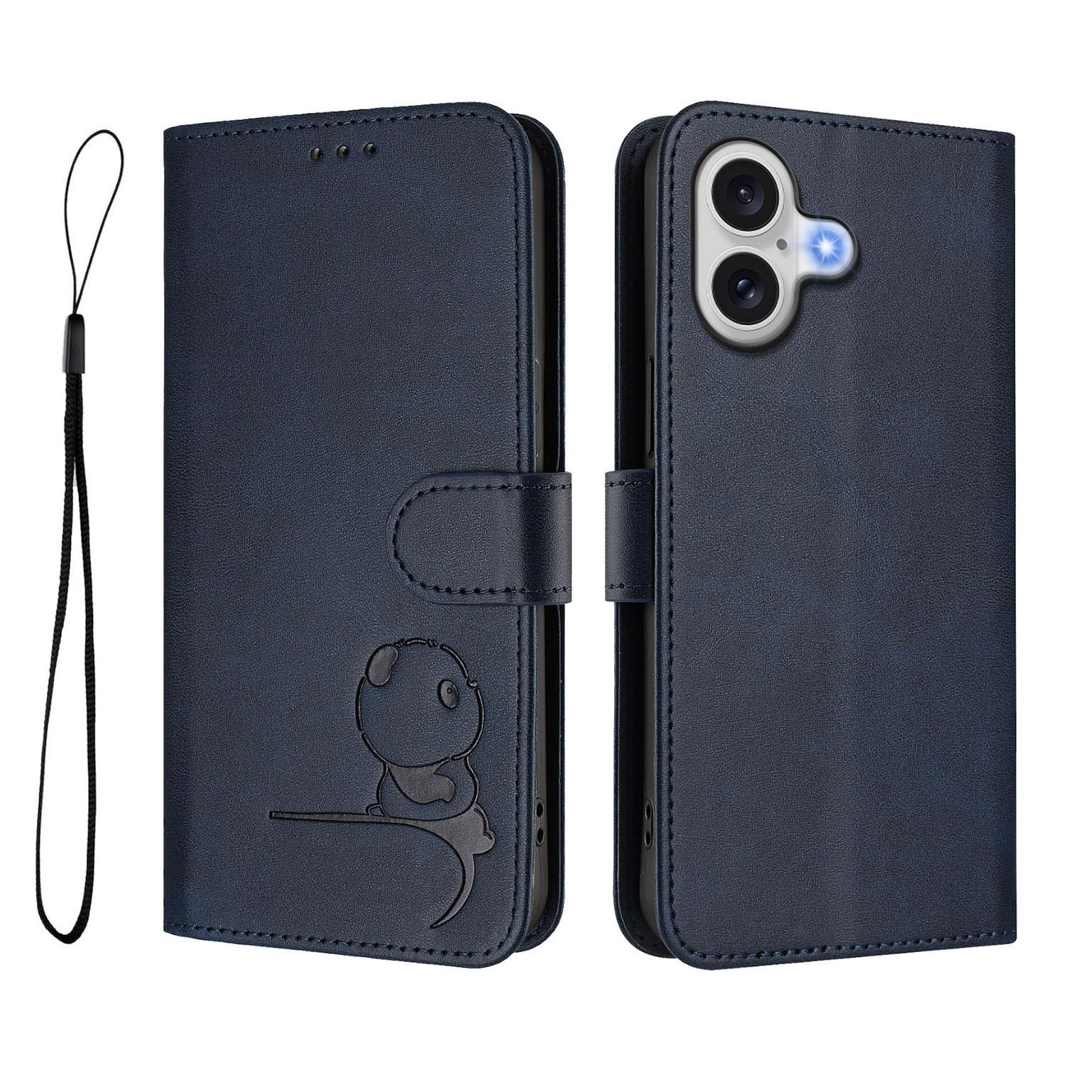 

For iPhone 17 Case Panda Imprint RFID Blocking Wallet Leather Phone Cover with Wrist Strap Blue