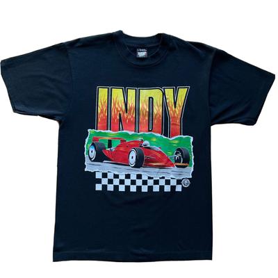 Vintage Indy 500 Racing Shirt L Black 80s Screen Stars Flames Race Car Nascar