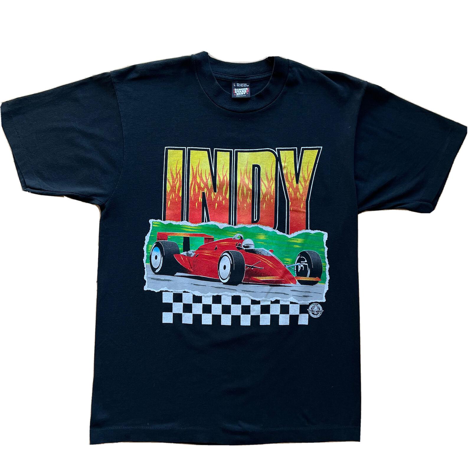 Vintage Indy 500 Racing Shirt L Black 80s Screen Stars Flames Race Car Nascar M