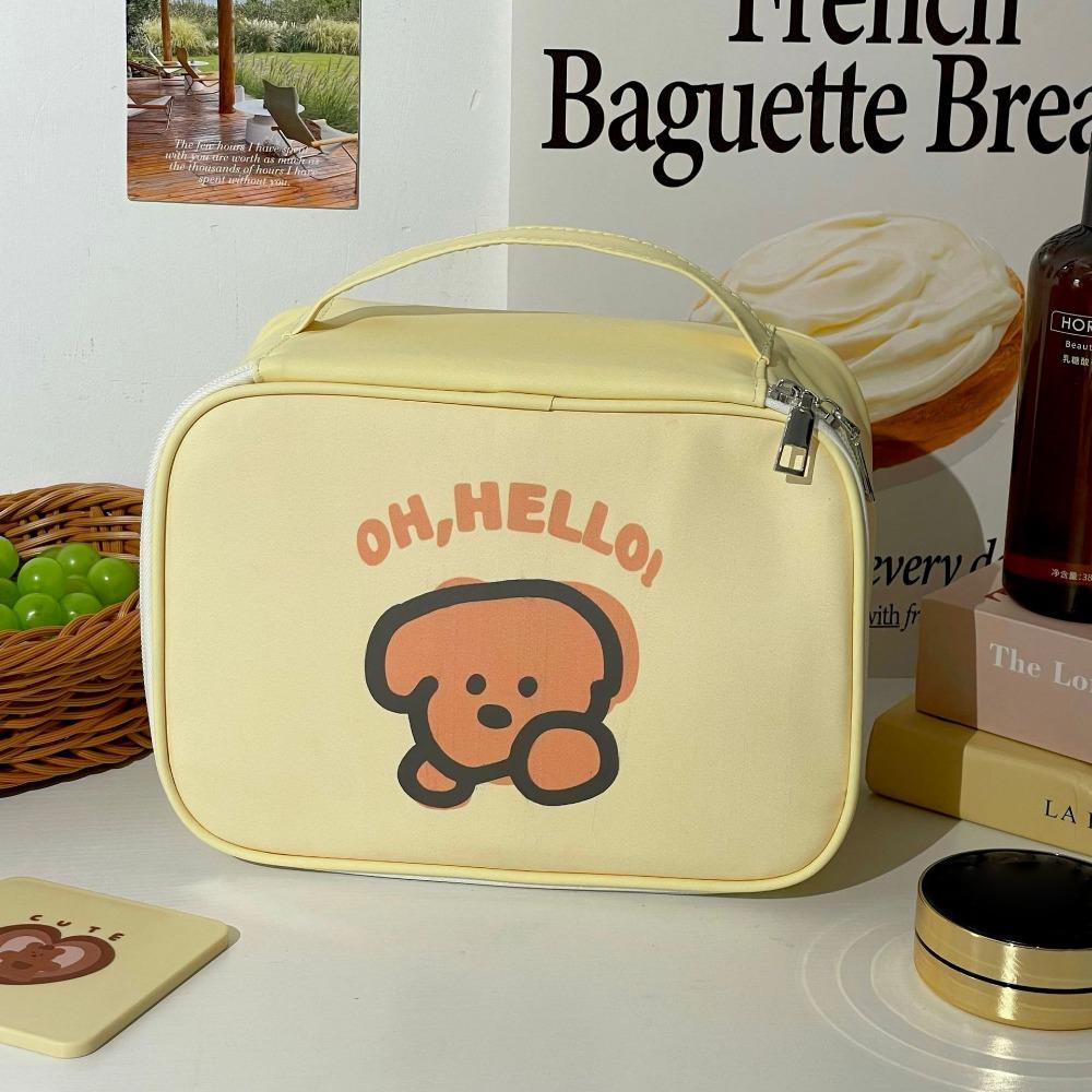 Portable Cartoon Print Sorting Cosmetic Bag Large Capacity with Handle Makeup Bag Square PU Travel Toiletry Bag