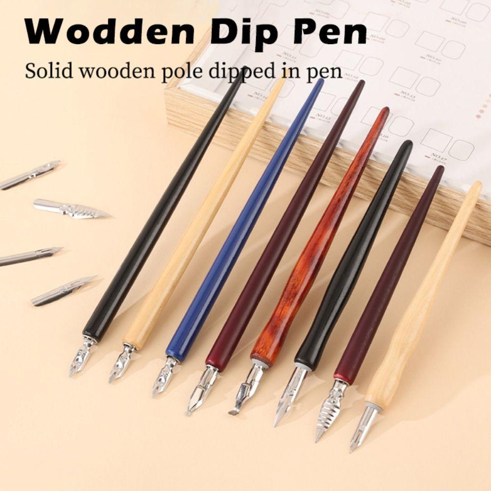 1pcs Portable Wooden Rod Dip Pen Stainless Steel Tip Calligraphy Pen Signature Pen Office Business