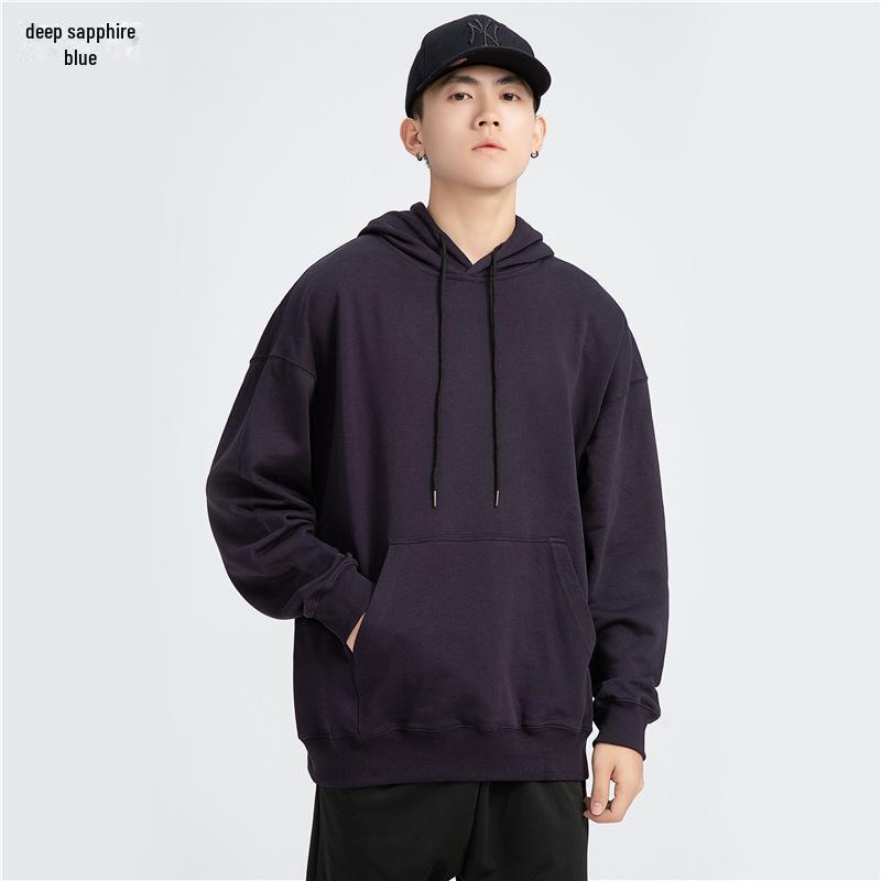 Men's Trendy Oversized Terry Hoodie - Solid Color, Drop Shoulder, Hong Kong Style Logo.