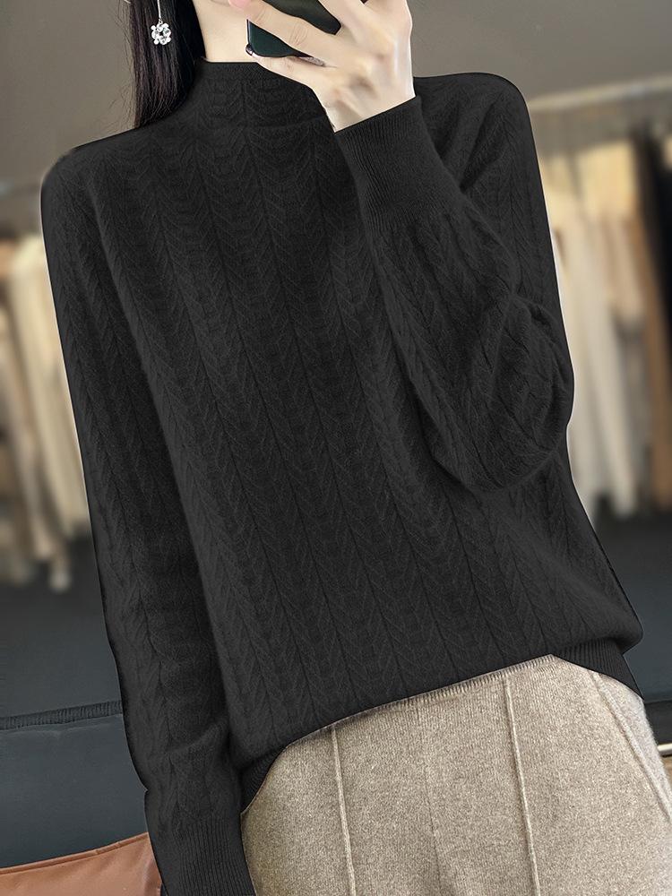 Women's Autumn/Winter Lightweight Wool Basketweave Long Sleeve Top