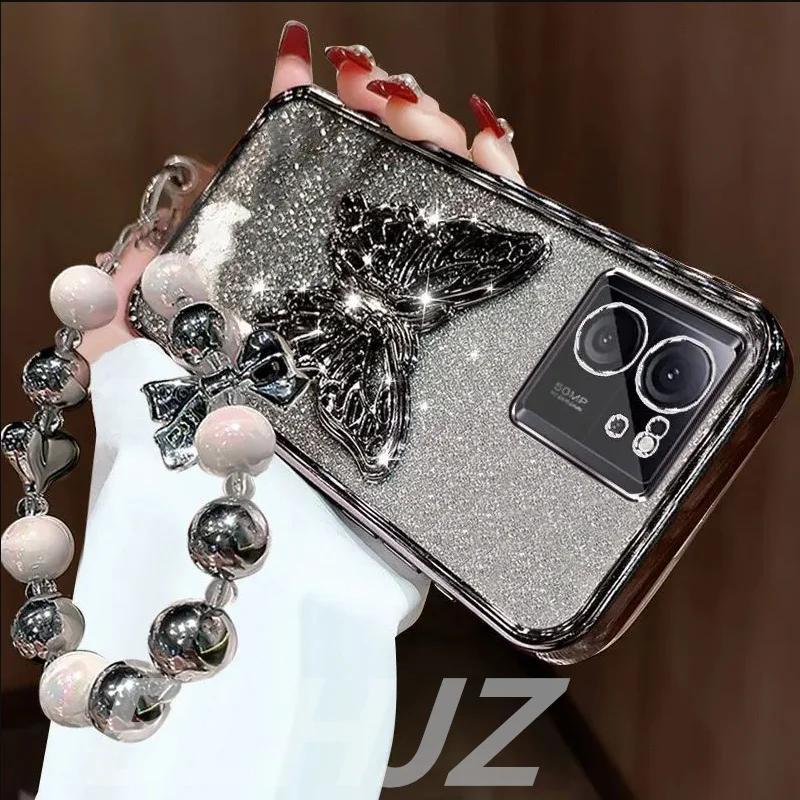 3D Butterfly Phone Holder Bead bracelet Glitter Case for Xiaomi Redmi 15C 15 14C 13C 13X Note 15 14 13 Pro Plus 14S Stand Cover