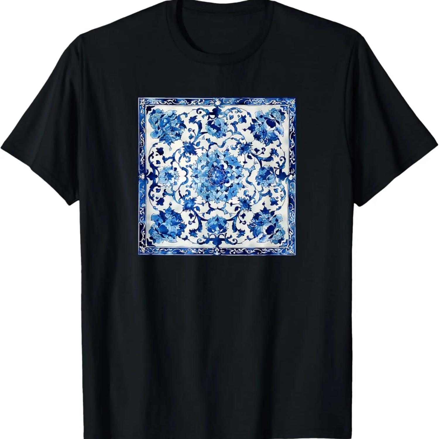 

Blue & White Chinoiserie Floral Design T-Shirt XXXXXL чёрный