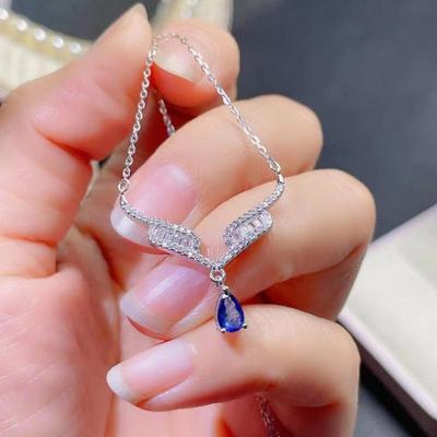 Angel Wing Blue Diamond Water Drop Pendant Necklace: Elegant Japanese/Korean Style for Women - Versatile High-End Collarbone Chain