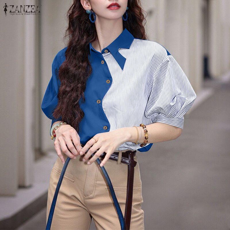 ZANZEA Women Casual Turn Down Collar Short Sleeve Stripe Patchwork Blouse